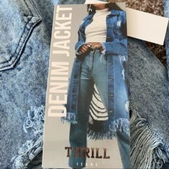 NEW THRILL Destroyed Long Denim Jacket Sz M - Picture 8 of 15